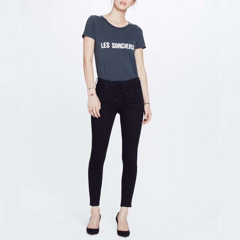 Mother. High Waisted Lace Up Looker Ankle in Not Guilty (Black). Size 28.
